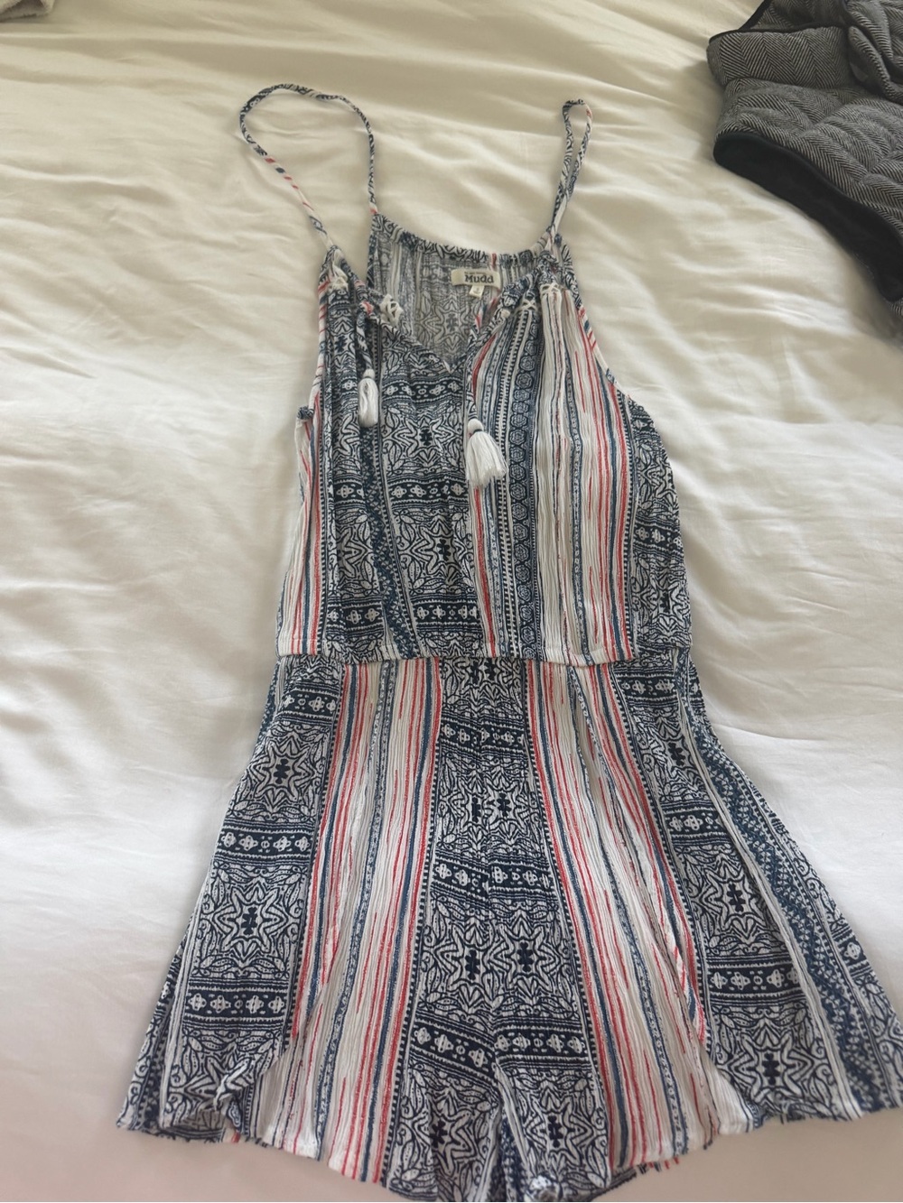 Mudd Navy, White & Coral Striped Patterned Romper